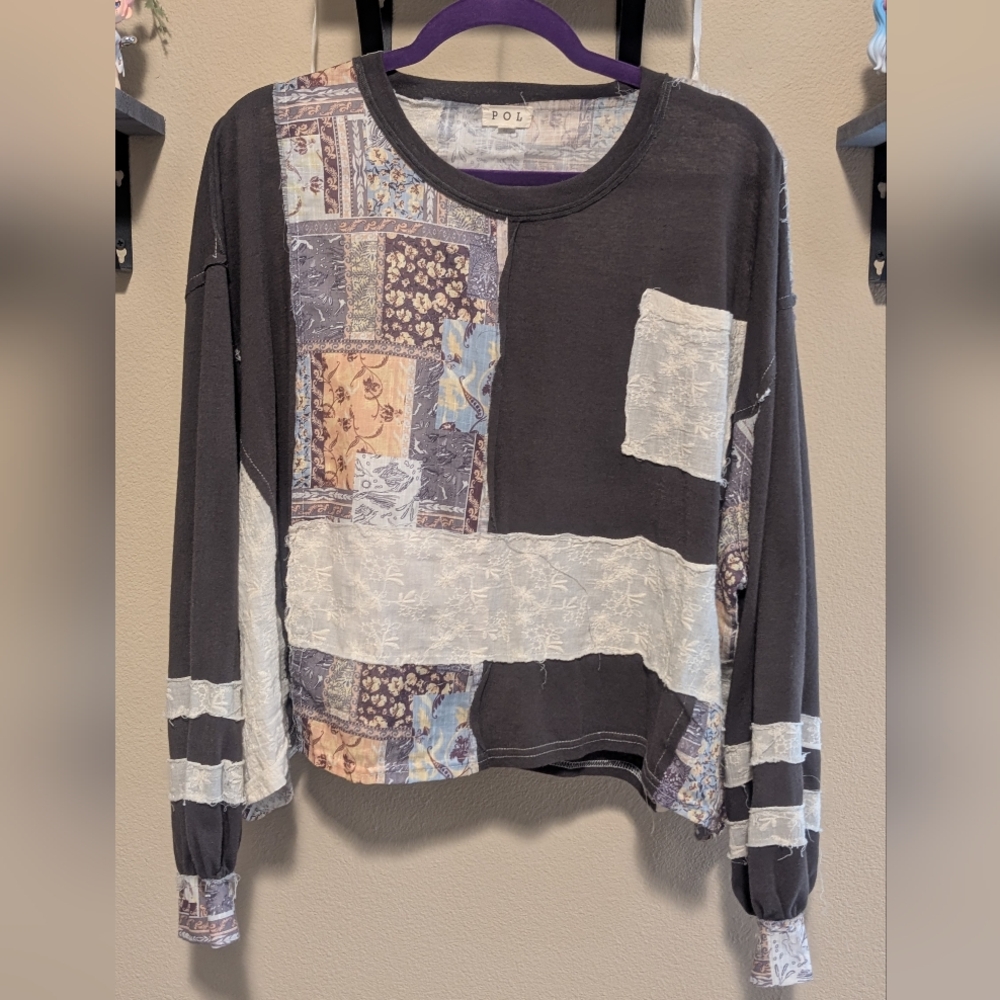 Pol Oversized Light-Weight Patchwork Long Sleeve … - image 1